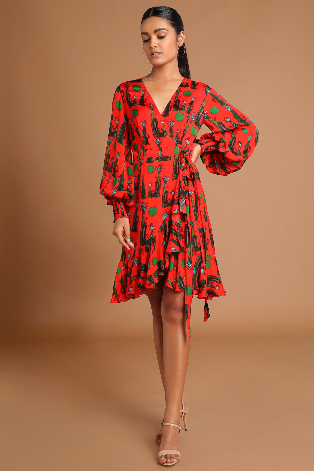 Red Printed Wrap Dress Design by Masaba ...